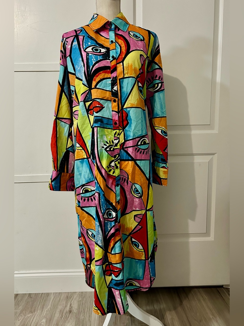 Live 4 Truth Multicolor Abstract Face Print Button Front Maxi Shirt Dress Size L